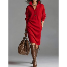 Plus Size - Hertalk'S New Button- Lapel Loose Straight Dress Is a Mid-Length Sweater Dress