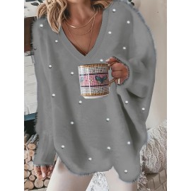 Plus Size, New Fall Winter Plus Size Women's V-Neck Beaded Sweater - Solid Color Top with Bead Accent Asymmetrical Collar, Cozy Winter Pullover for Casual & Dressy Outfits, Hand Washable (Immediate Shipment)