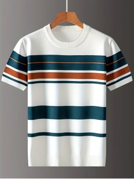 [Summer Striped T-Shirt] LVLAEA Men's Summer Striped Pullover T-Shirt | Short Sleeve, Crew Neck, Casual Rayon Blend, Rib-Knit, Slight Stretch, Fashionable Stripes, Everyday Wear, Regular Fit, Breathable, Skin-Friendly