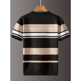 [Summer Striped T-Shirt] LVLAEA Men's Summer Striped Pullover T-Shirt | Short Sleeve, Crew Neck, Casual Rayon Blend, Rib-Knit, Slight Stretch, Fashionable Stripes, Everyday Wear, Regular Fit, Breathable, Skin-Friendly