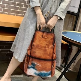 Vintage-Inspired Large Capacity Black Leather Backpack with Floral & Butterfly Design - Adjustable Strap, Zipper Closure, Polyester Lining, Urban Style, Trendy Fashion Backpack|Vintageinspired Backpack|Durable Backpack